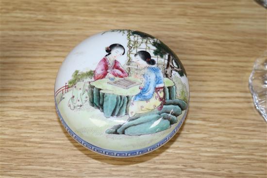 A Chinese ink box and cover and two small vases tallest 15cm